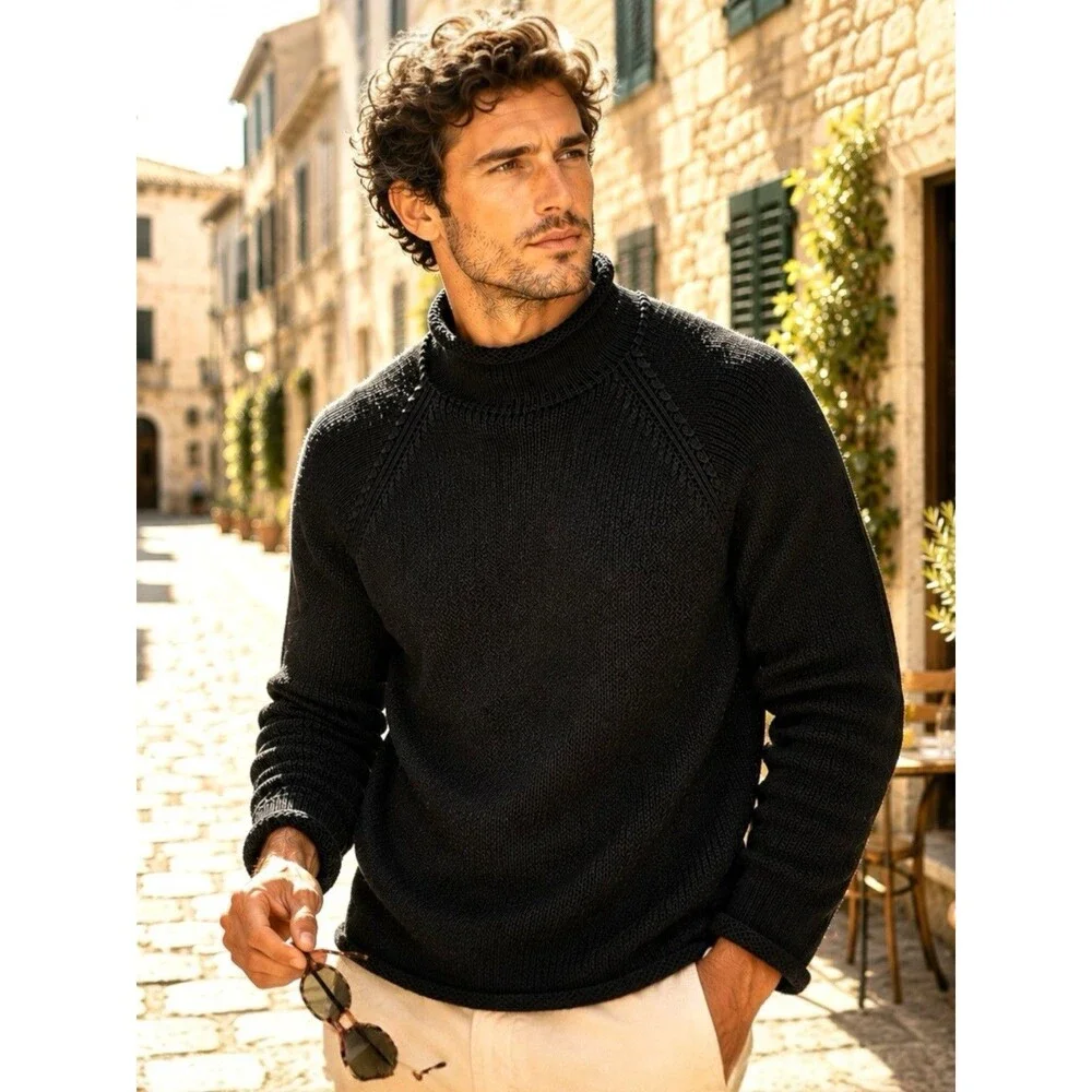 J Crew  1988 Rollneck Sweater Mens L Black Cotton Oarsman 90s Style Preppy BW186